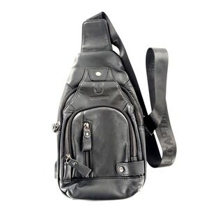 BullCaptain Men's Sling Bag Leather Chest Shoulder Backpack Cross Body Black